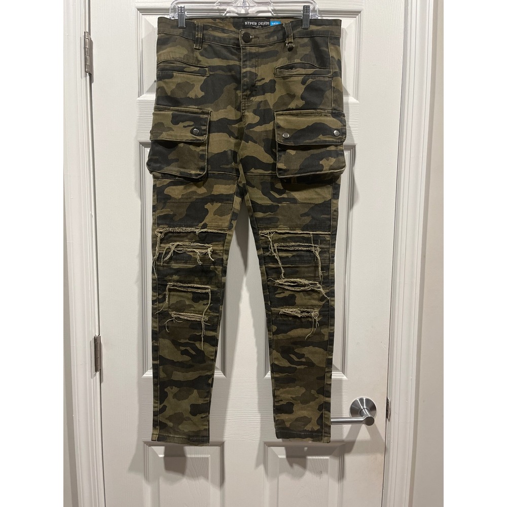 Hyper Denim Mens Slim Fit‎ Distressed Camo Cargo Pants Green Camouflage Size 32